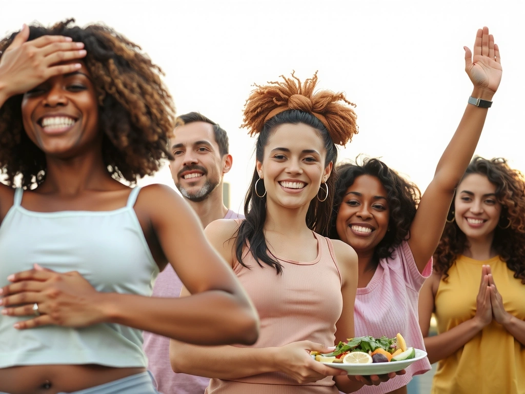 Diverse group of happy, healthy individuals smiling and engaging in wellness activities
