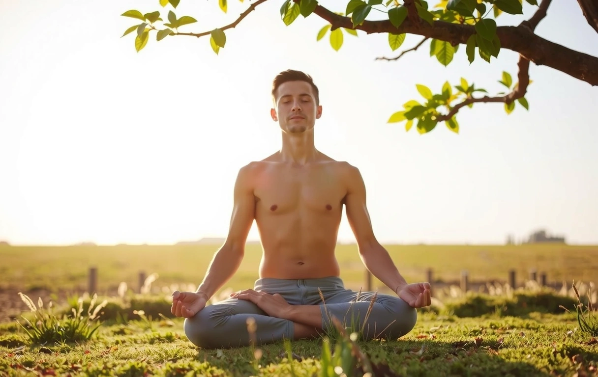 A person meditating peacefully in a serene, sunlit natural environment, with subtle representations of adaptogenic plants around them, symbolizing holistic wellness and stress reduction. No text or letters.