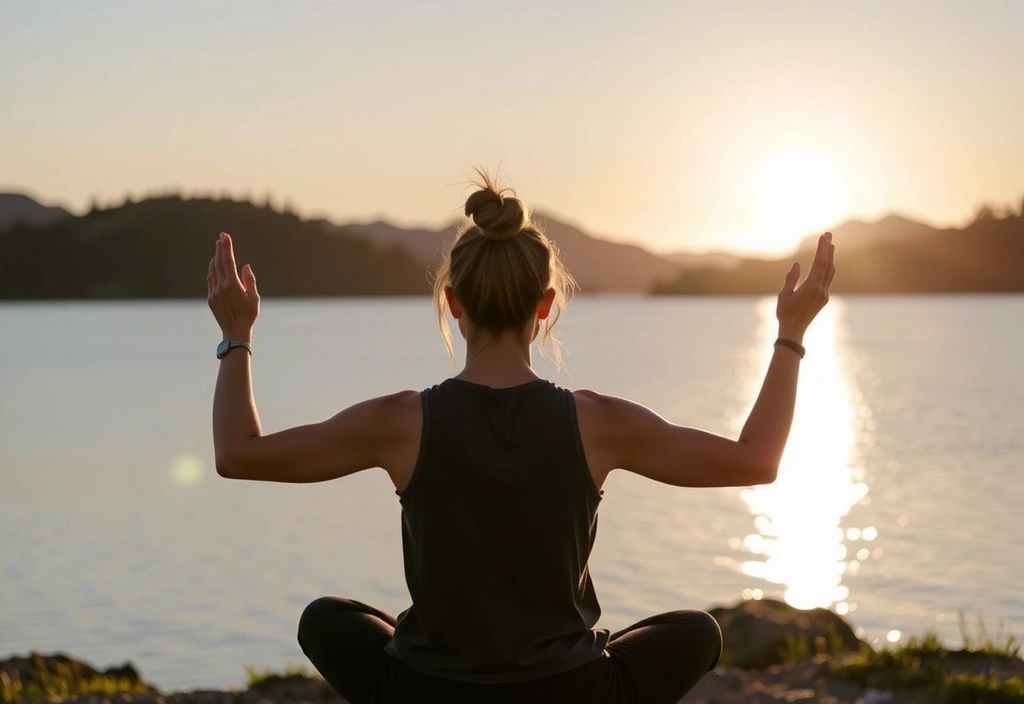 A serene image of a woman practicing yoga at sunrise by a calm lake, emphasizing mental clarity and peace. No text or letters.