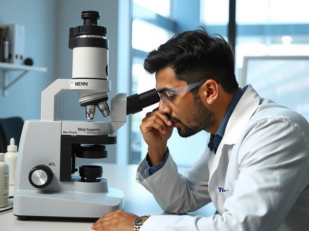 Scientist examining intricate cellular structures through a microscope, symbolizing scientific research in body support