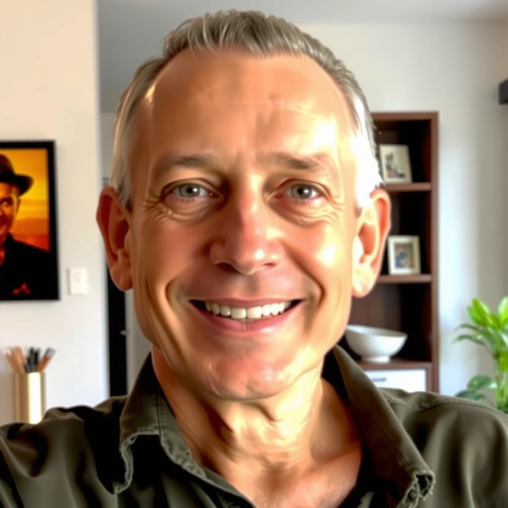 Friendly portrait of a man in his late 50s with silver hair and a warm smile. He appears healthy and vibrant. The background is a soft, domestic setting, possibly a living room or kitchen. No text or glasses.