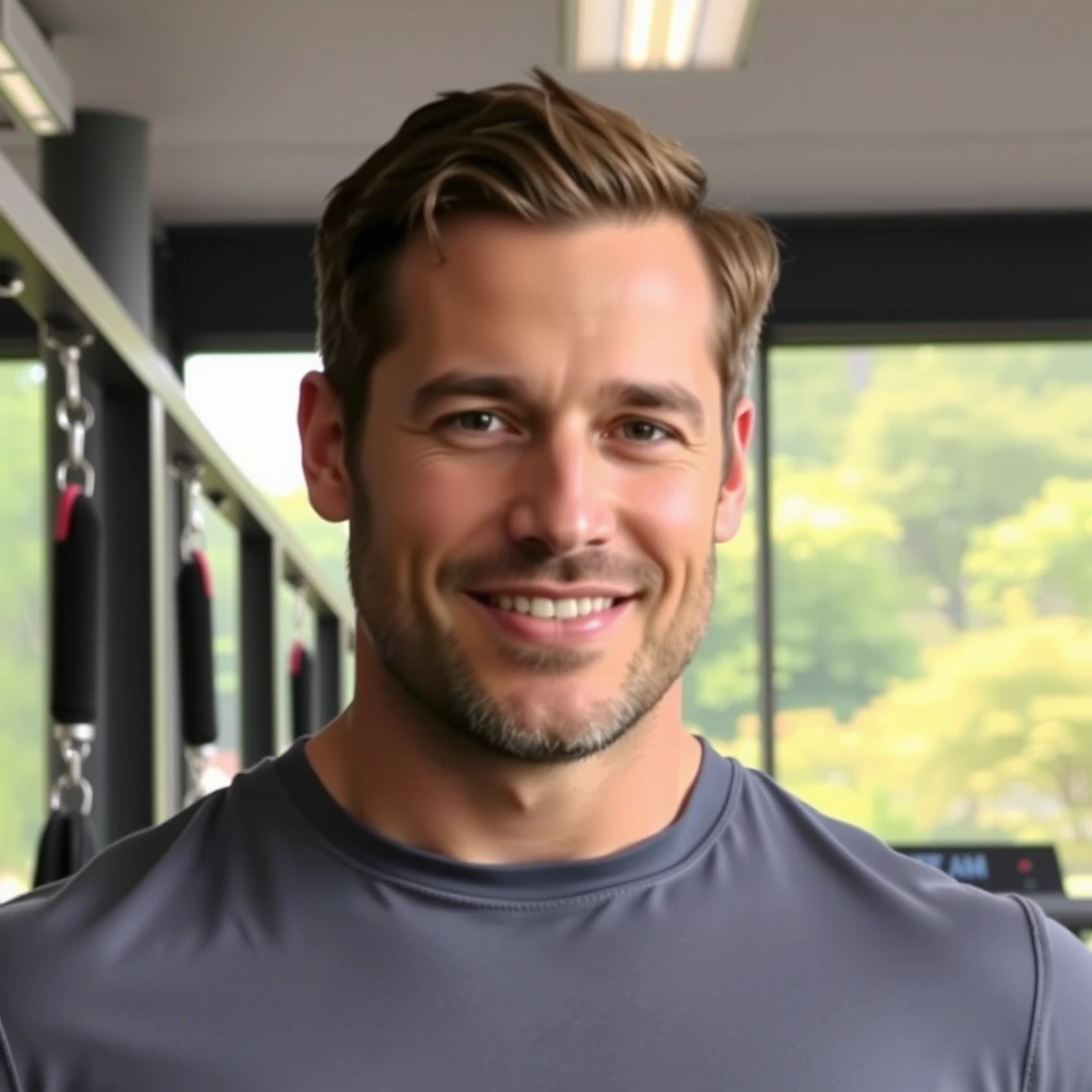 Headshot of a fit man in his early 40s with a determined but happy expression. He has short, styled hair and a slight stubble. The background is a subtly blurred gym environment or an outdoor natural setting like a park. No text or glasses.