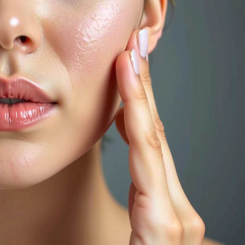A hand gently touching a smooth, soft cheek, conveying a sense of improved skin texture.