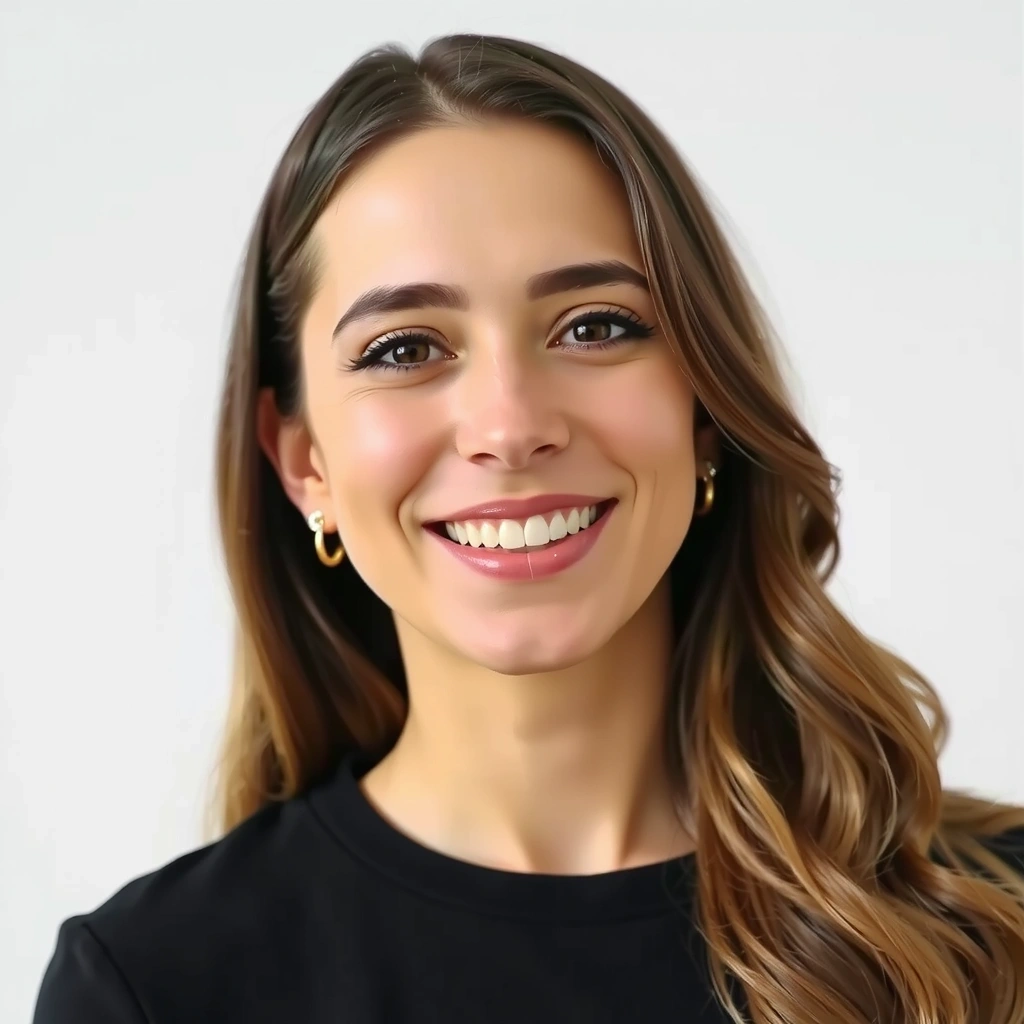 Portrait of a smiling woman in her 30s with healthy, glowing skin, natural lighting.